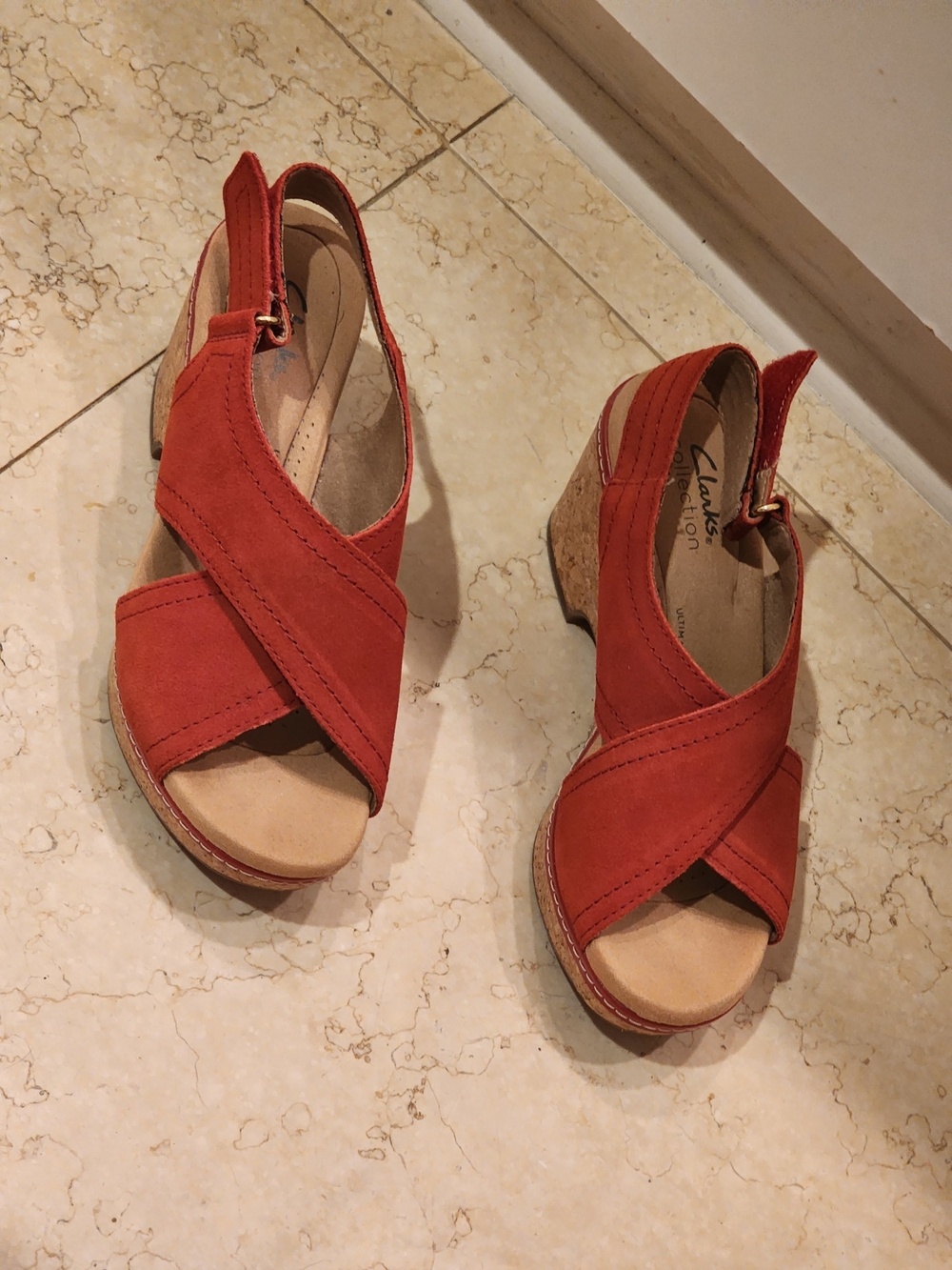 Clarks Orange-Red Suede Crisscross Wedge Sandals
